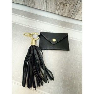 Steve Madden Bag Charm Key Chain Tassel Card Case  Black Logo Name